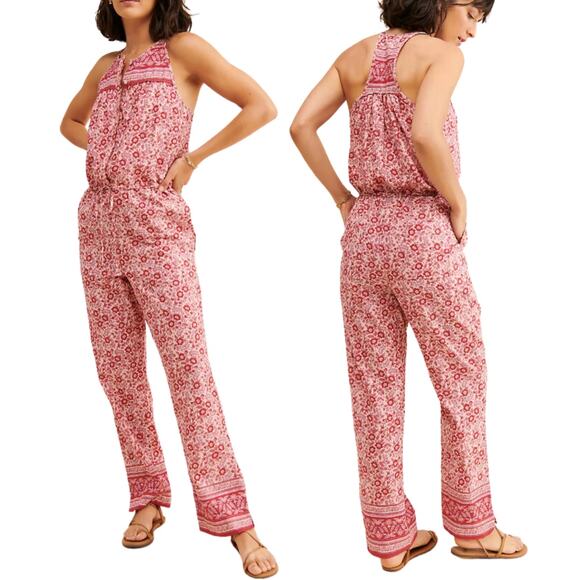 Faherty Adella Floral Sleeveless Jumpsuit Sun Up Block Pink Floral Racerback NEW - Picture 1 of 6